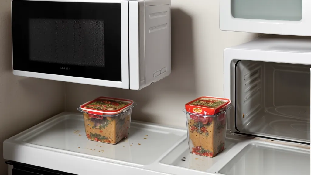 A pre-prepared Tempo meal being removed from a microwave in a kitchen.