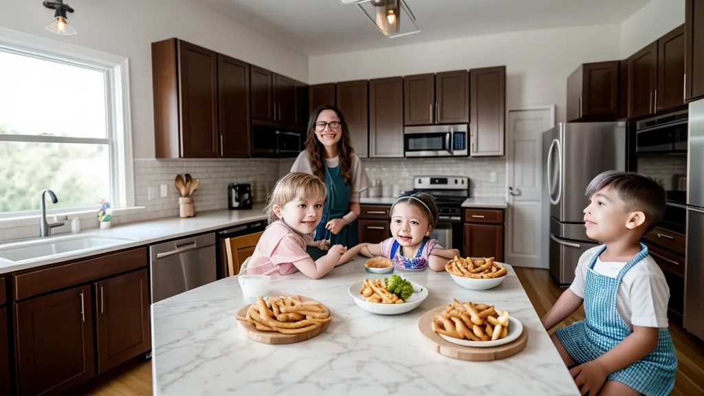 Two children eating dinner at a kitchen counter while a parent finishes work.