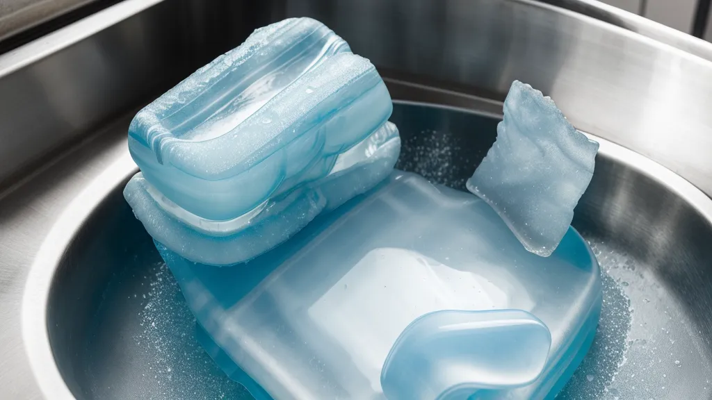 A cold gel ice pack from a meal kit box dripping in a sink