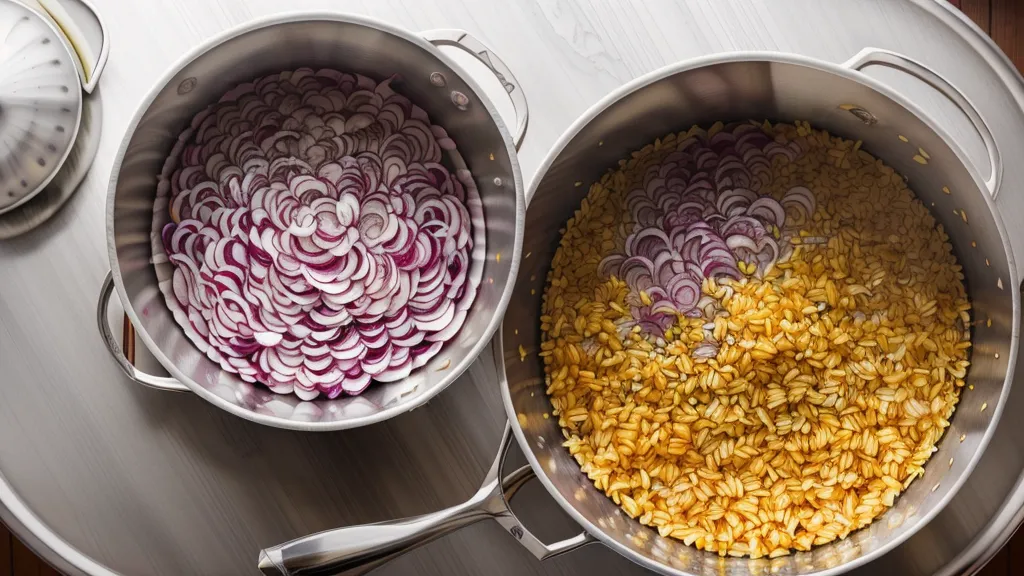 Close-up of pre-chopped onions being cooked in a pan next to a child's math homework.