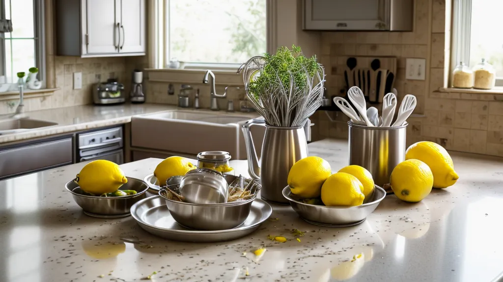 A cluttered kitchen counter with a recipe card and many dirty dishes after cooking.