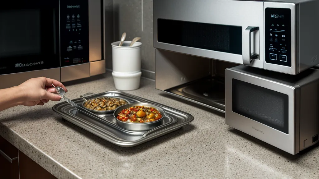 A microwave meal being prepared late at night next to a work laptop.