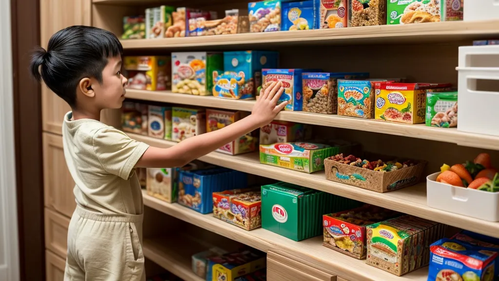 A kitchen pantry stocked with Thrive Market bags and snacks for kids.
