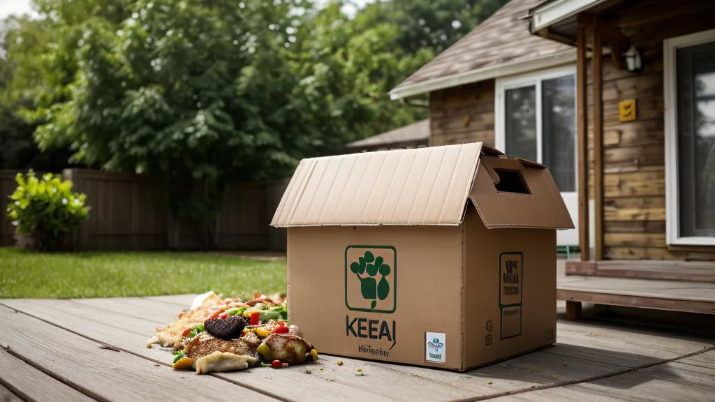 A meal kit delivery box sitting on a porch in the afternoon sun.