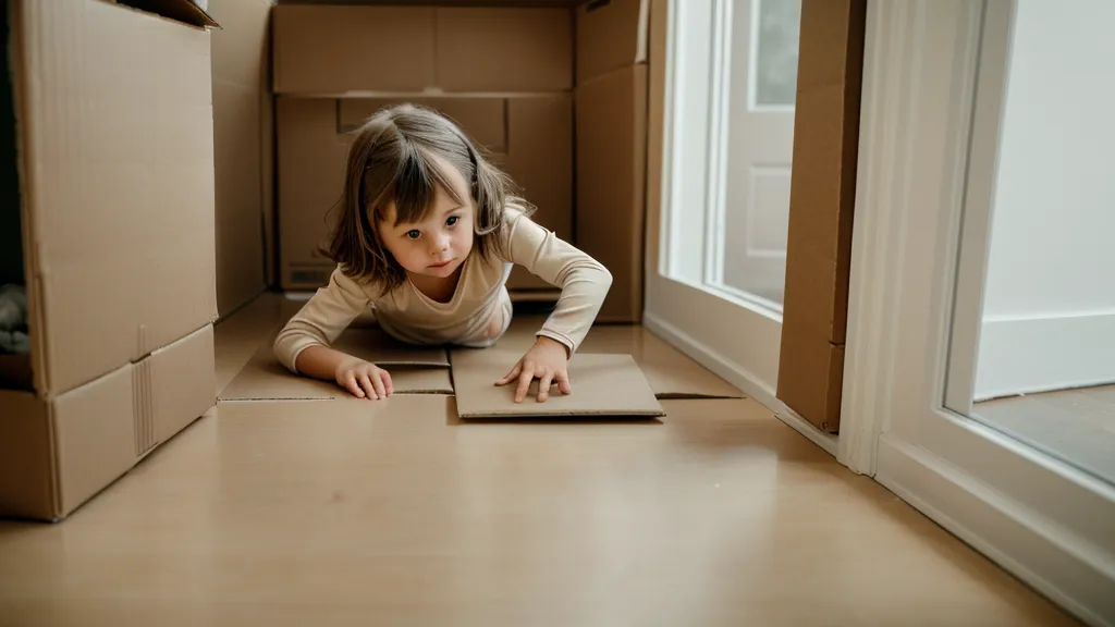 A large cardboard delivery box being used as a play fort by a child in pajamas.