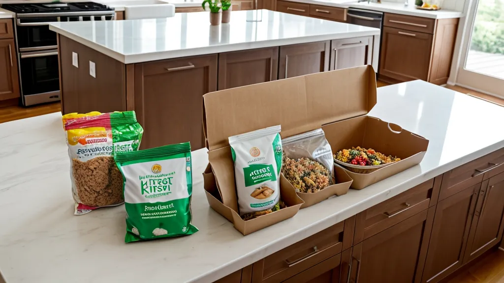 A microwave meal tray next to a fresh meal kit prep station.