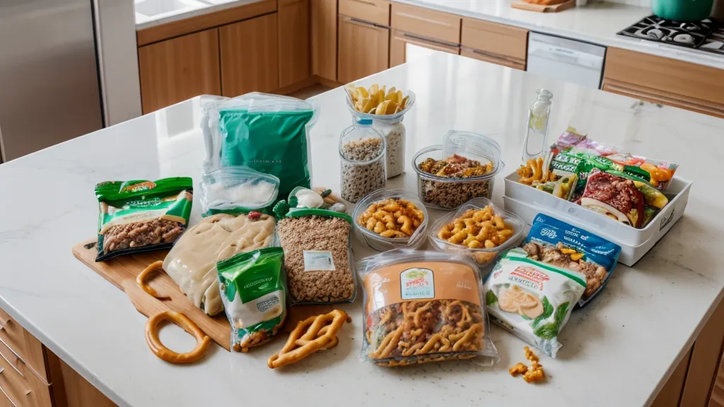 Close-up of Home Chef ingredient bags on a cutting board