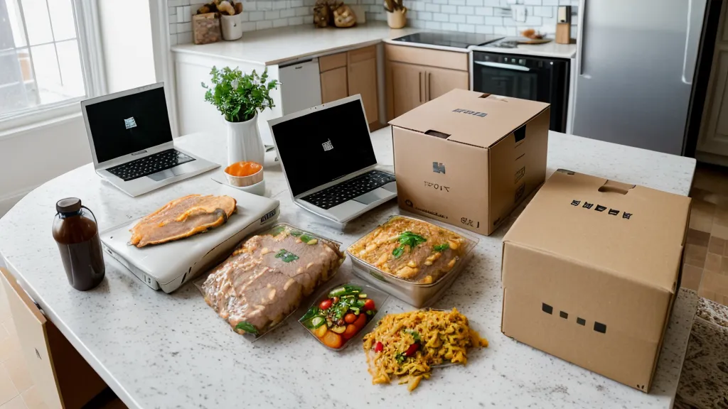 Home Chef Fast-prep kit sitting on a table next to a work laptop