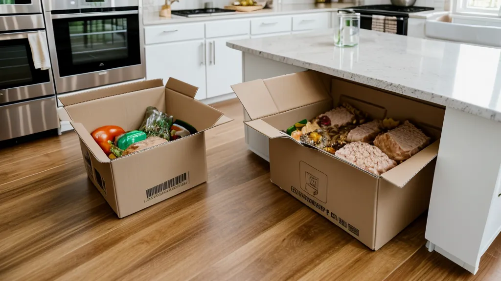 A Blue Apron recipe card and several prep bowls on a kitchen counter.
