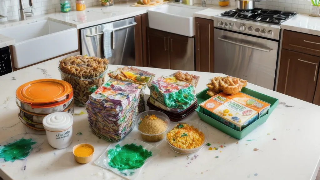 A kitchen counter cluttered with kids' art projects and meal kit recipe cards.