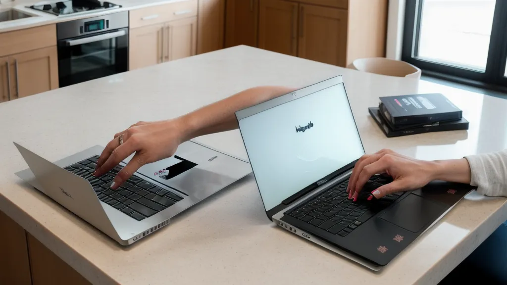 Hands typing on a laptop in a kitchen at night while managing a calendar.