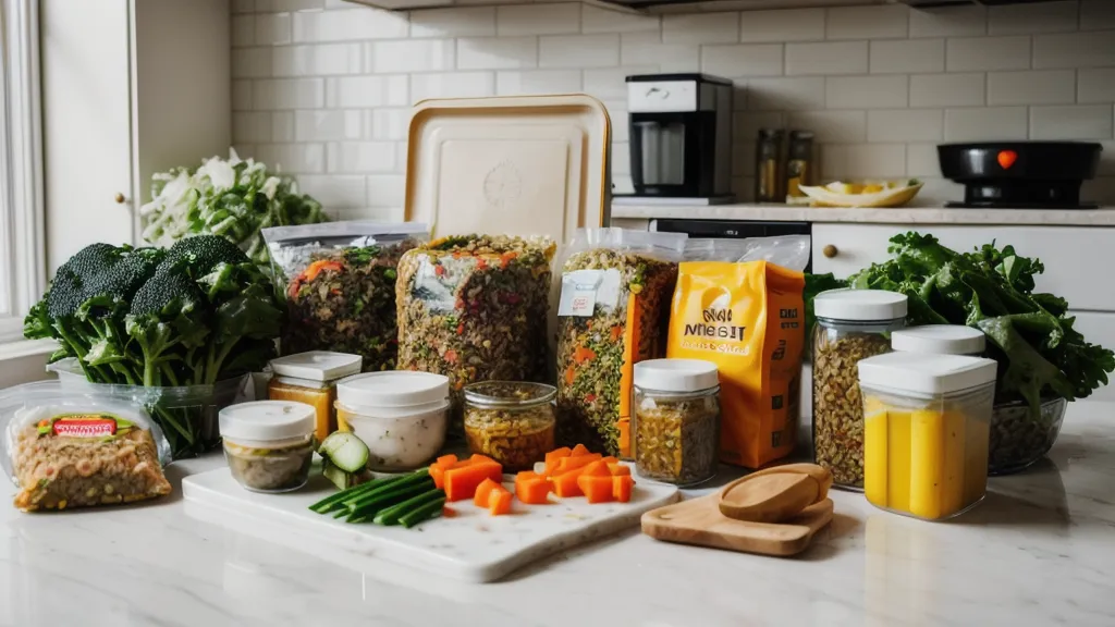 Close-up of a 15-minute meal kit recipe card next to a work laptop on a kitchen counter.