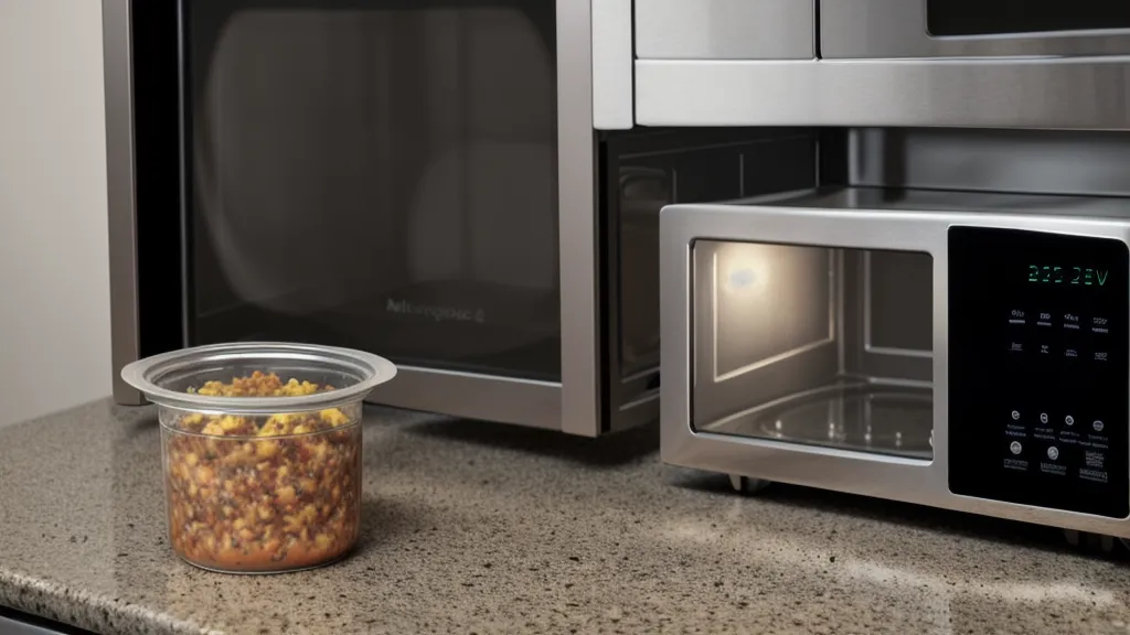 A single-serve microwave meal on a counter, representing a quick dinner after a late work call.