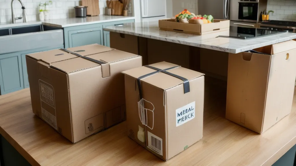 Refrigerator shelves filled with labeled meal kit bags and standard family groceries.
