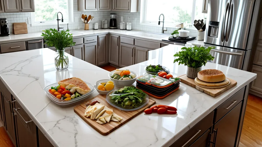A meal kit recipe card claiming 15 minutes next to a pile of unchopped vegetables.