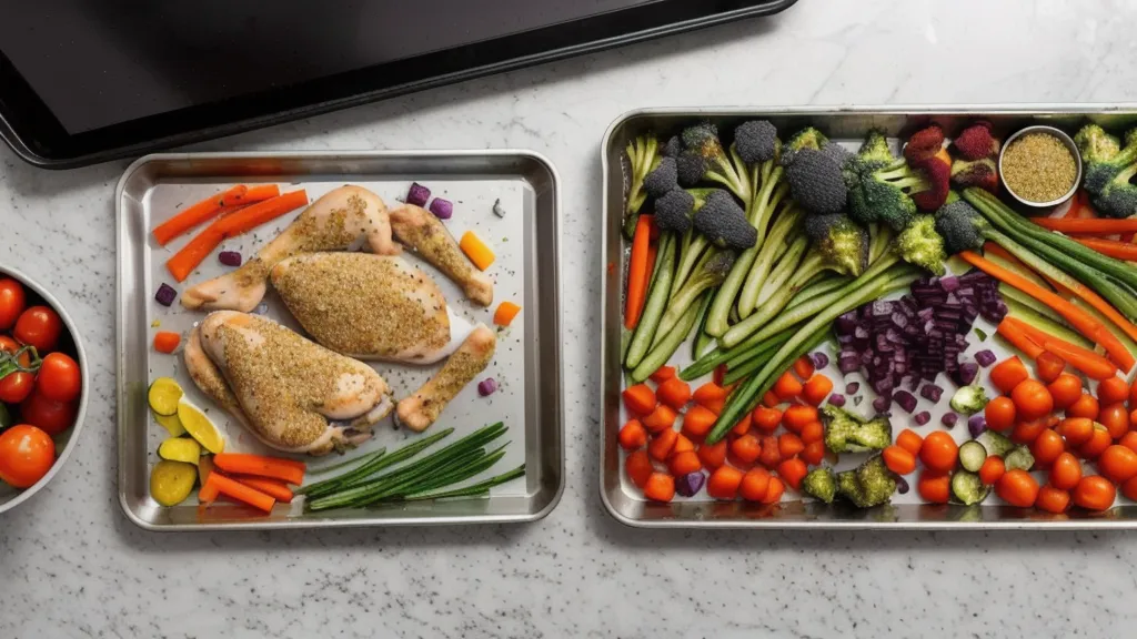 A sheet pan meal prepared next to a laptop showing software code.