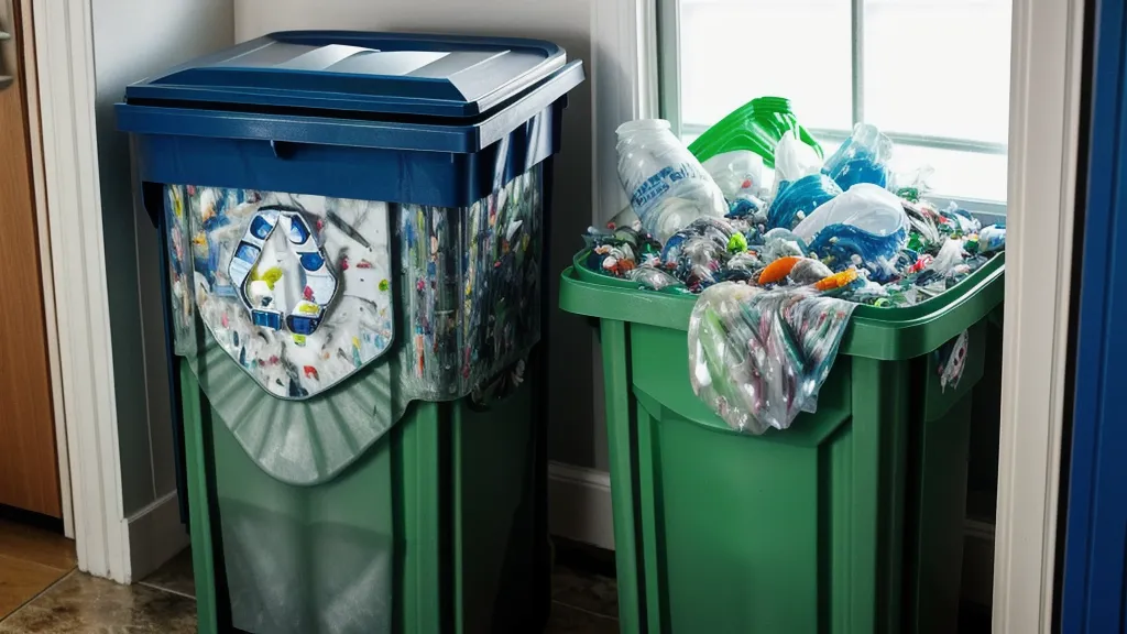 An overflowing recycling bin filled with meal kit packaging and ice packs.