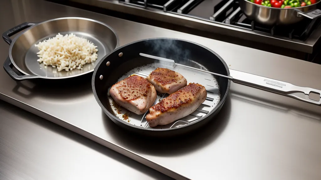 A digital thermometer checking the internal temperature of chicken in a pan.