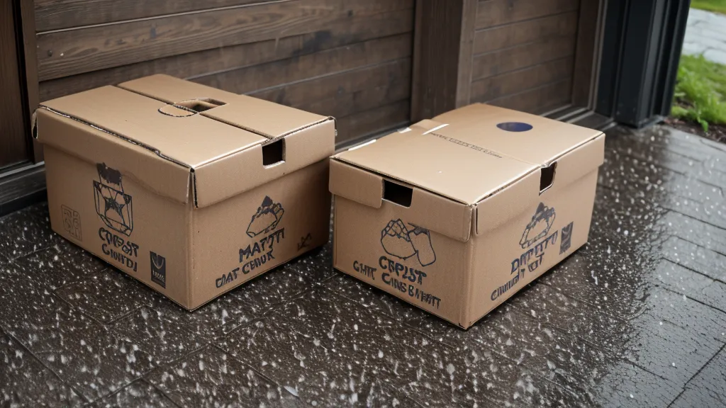 A damp meal kit box delivered on a porch during a rainstorm