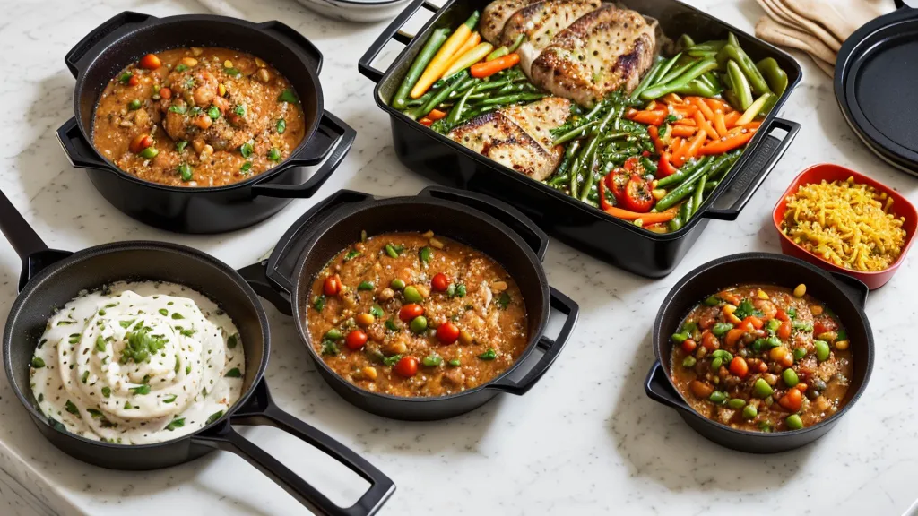 Meal kit ingredients cooking on a stove with a recipe card visible