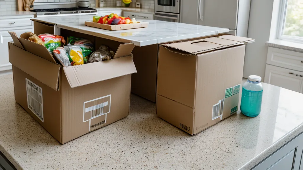 Overstuffed refrigerator shelf with meal kit boxes and juice cartons