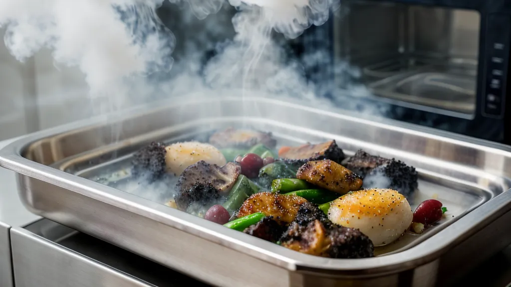 Close-up of steam escaping a Tempo meal tray in the microwave