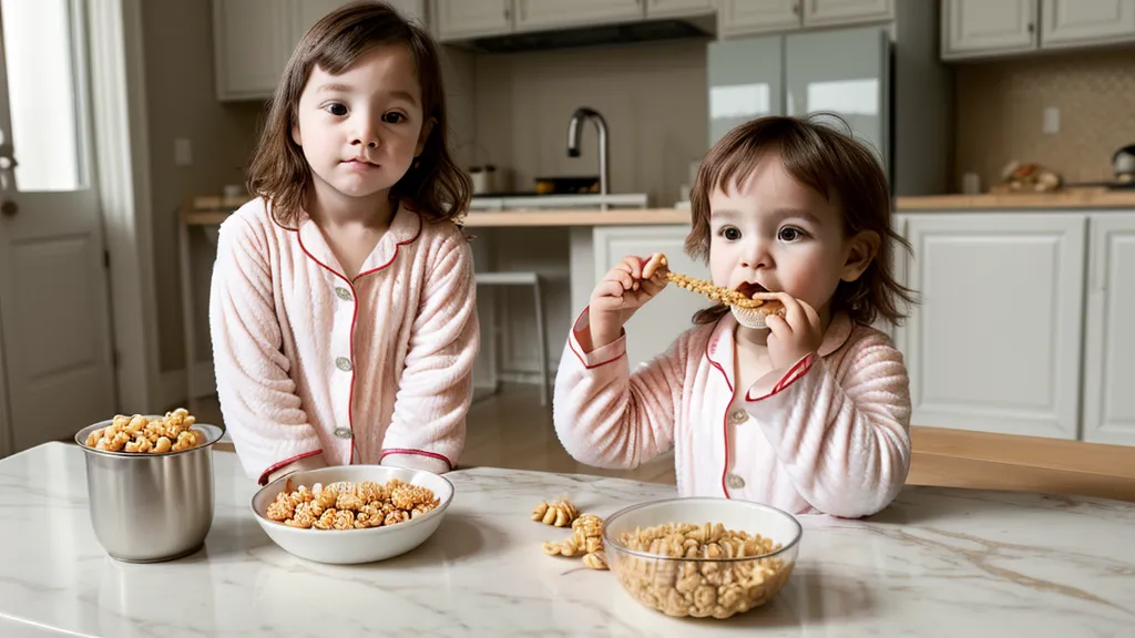 A child eating cereal while a parent prepares a Tempo meal in the background