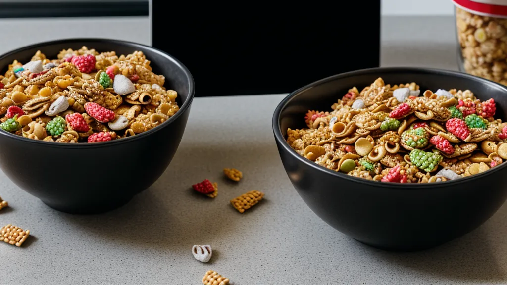 A cereal box and laptop on a kitchen counter at night