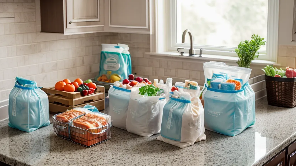 Meal kit packaging and grocery bags on a kitchen counter