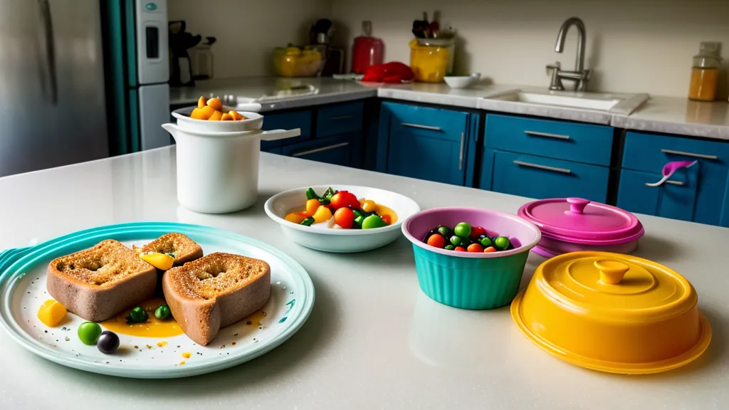A frozen meal and toast on a child's plate in a real kitchen.