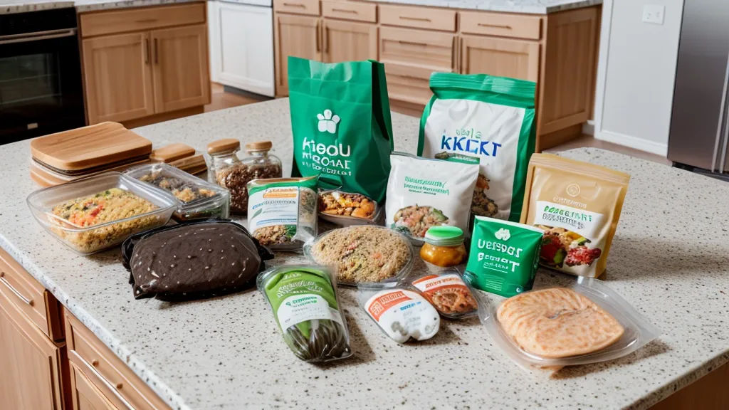 A messy kitchen table featuring a meal kit recipe card and a child's plate
