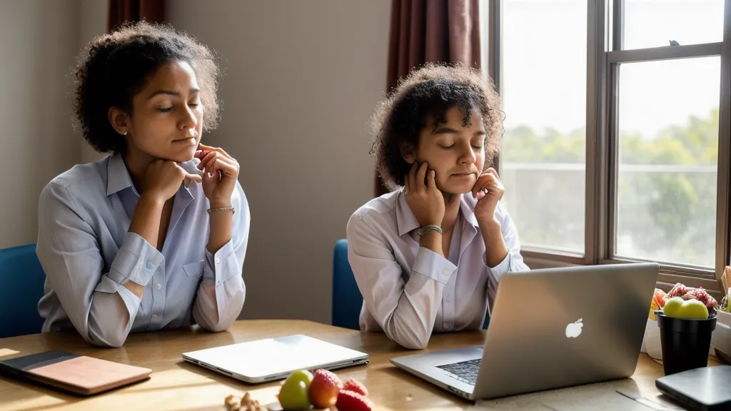 A hybrid worker reaching for a snack while working at a laptop in a home office.