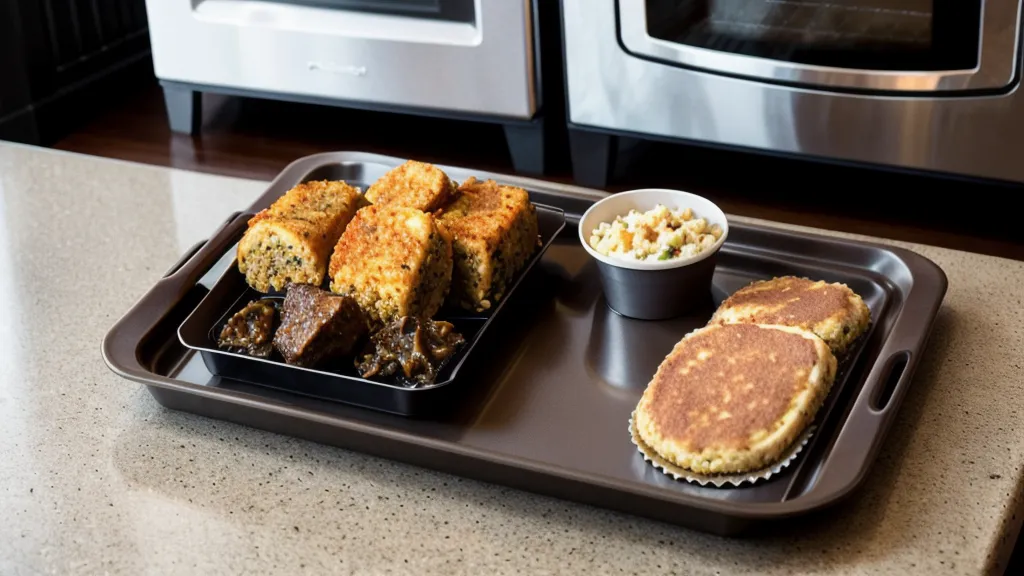A microwave-ready meal kit tray being removed from the microwave.